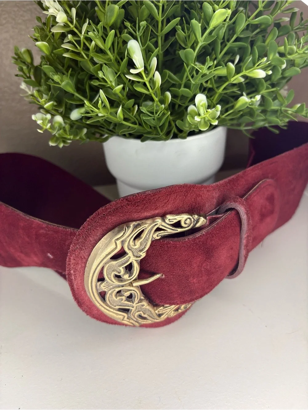 Wide Suede genuine leather Belt with Ornate Gold Buckle - BurgundyL/M